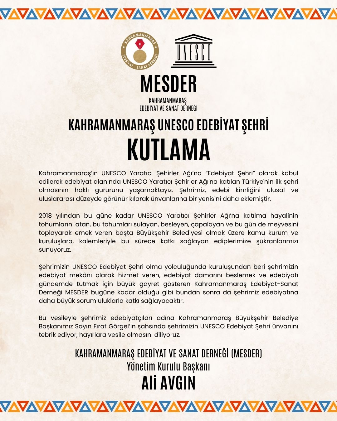 MESDER’DEN “UNESCO EDEBİYAT ŞEHRİ “KUTLAMA MESAJI